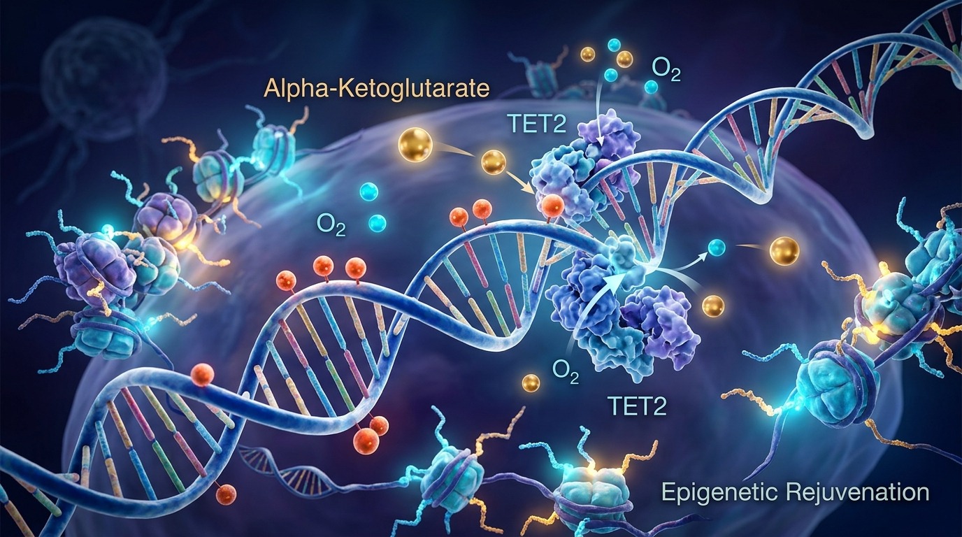 Biomedical molecular illustration for The Alpha-Ketoglutarate Paradox: Bridging Mitochondrial Metabolism and Epigenetic Clock Reversal