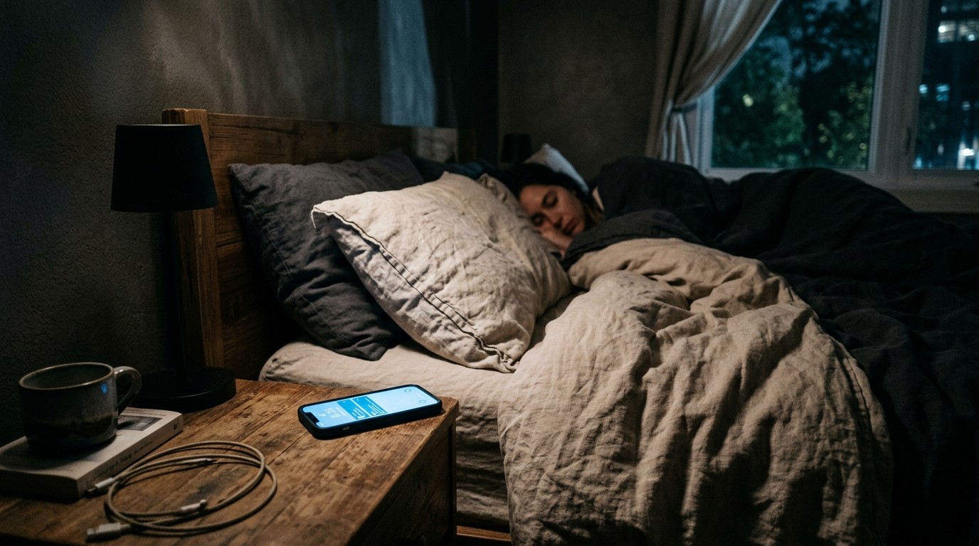 A peaceful tranquil bedroom with warm amber lamp light, smartphone face down on a nightstand