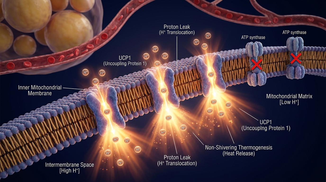 Biomedical molecular illustration for The Mitochondrial Proton Leak Paradox: Activating UCP1 in Brown Adipose Tissue to Rewire Metabolism and Extend Longevity