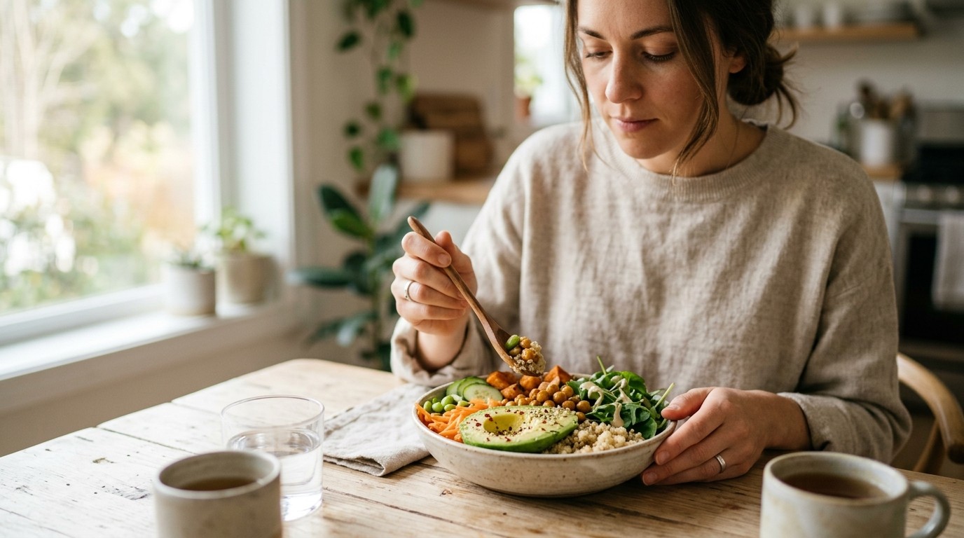 Mindful dining bowl with whole grains and fresh vegetables on rustic wooden table