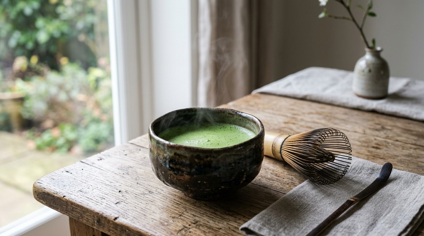 Steaming artisanal matcha green tea in a minimalist ceramic cup with fresh tea leaves