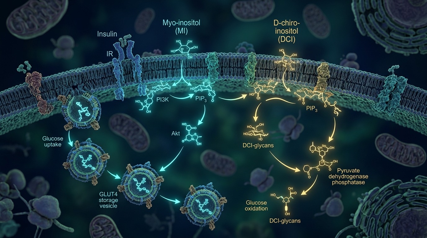 Biomedical molecular illustration for The Ovarian Paradox and the Golden 40:1 Inositol Ratio in PCOS Management