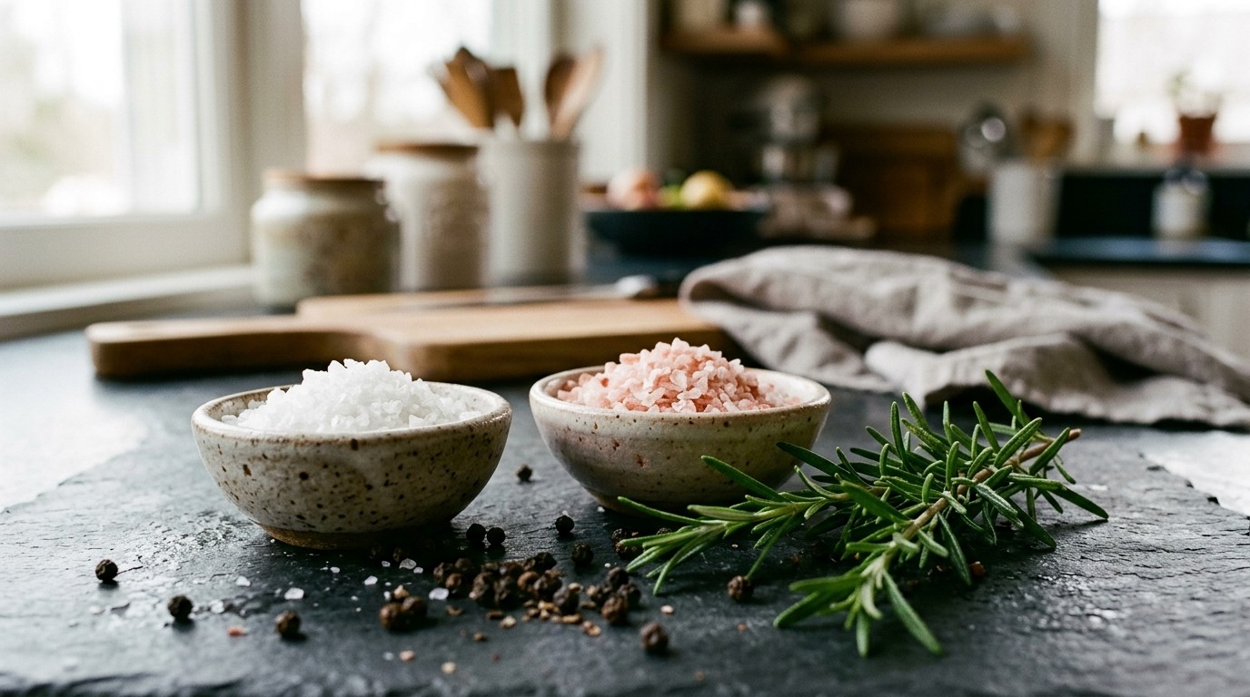 Hũ gốm đựng muối khoáng hạt tự nhiên bên cạnh các loại rau củ quả tươi giàu kali