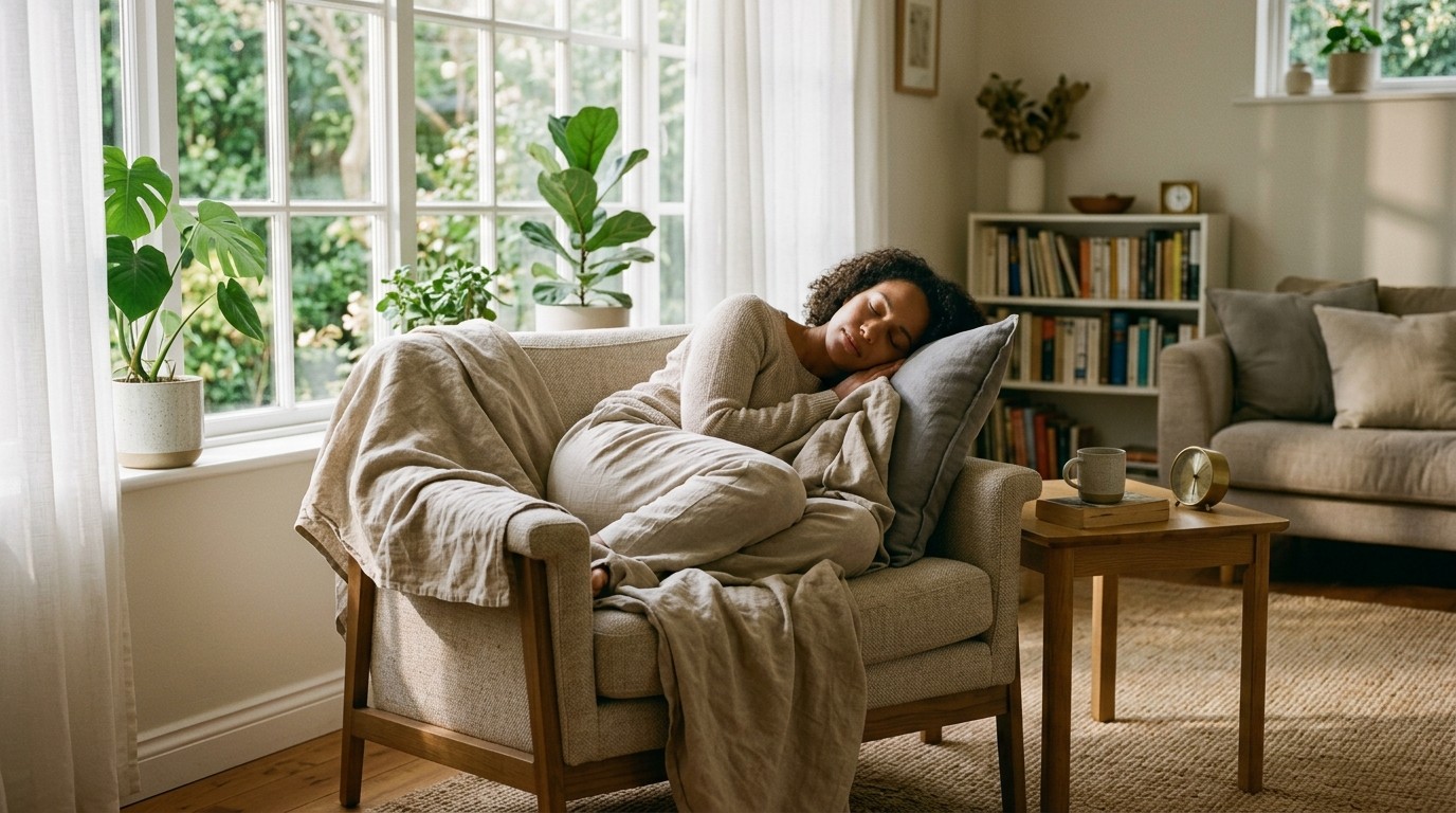 Góc nghỉ trưa ấm áp trên sofa êm ái với ánh sáng tự nhiên dịu nhẹ bên khung cửa sổ