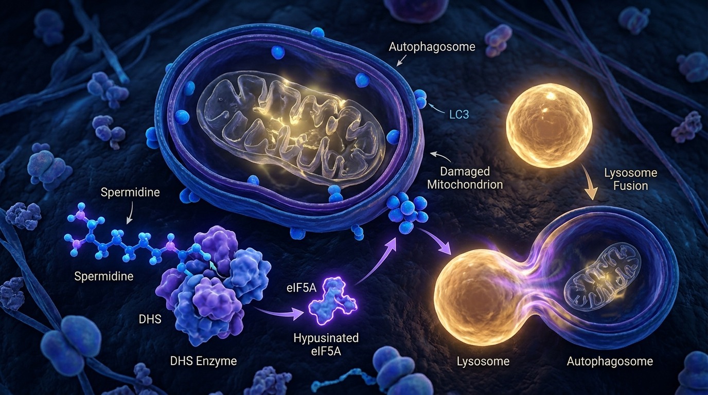 Biomedical molecular illustration for The Spermidine Paradox: Deciphering eIF5A Hypusination and TFEB-Driven Autophagy for Mitochondrial Rejuvenation