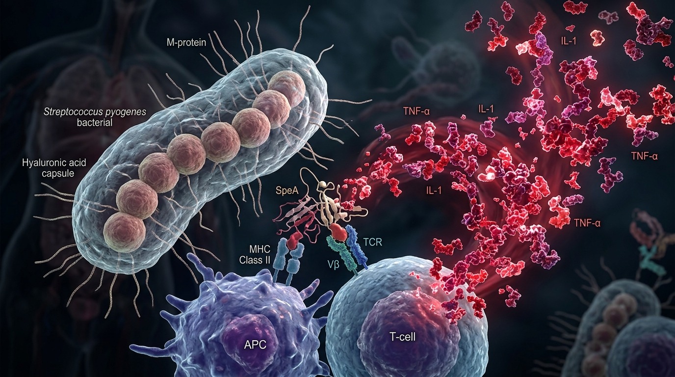 Biomedical molecular illustration for Molecular Shockwaves of Streptococcus pyogenes: Deciphering Superantigen-Mediated Cytokine Storms in STSS