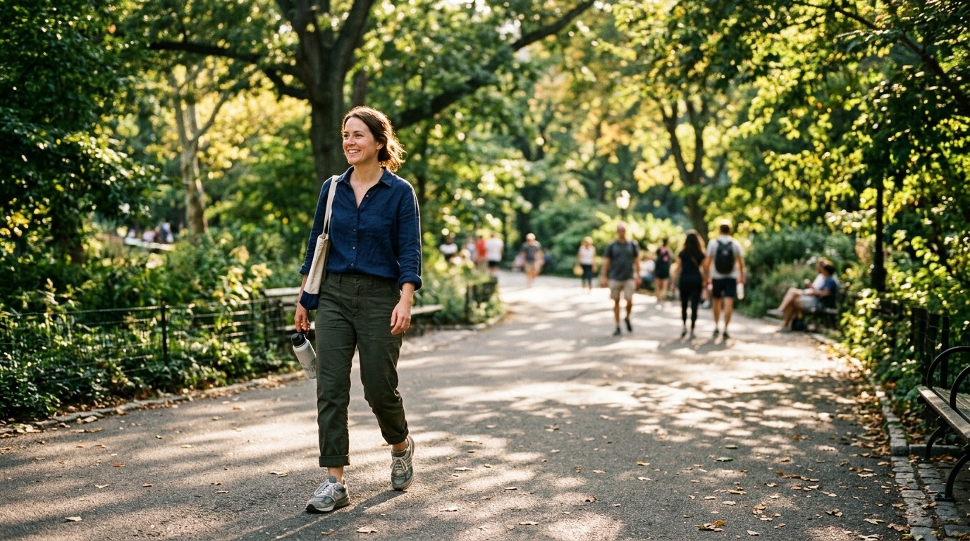 Casual peaceful walking shoes strolling along a sun-dappled park path under golden afternoon light