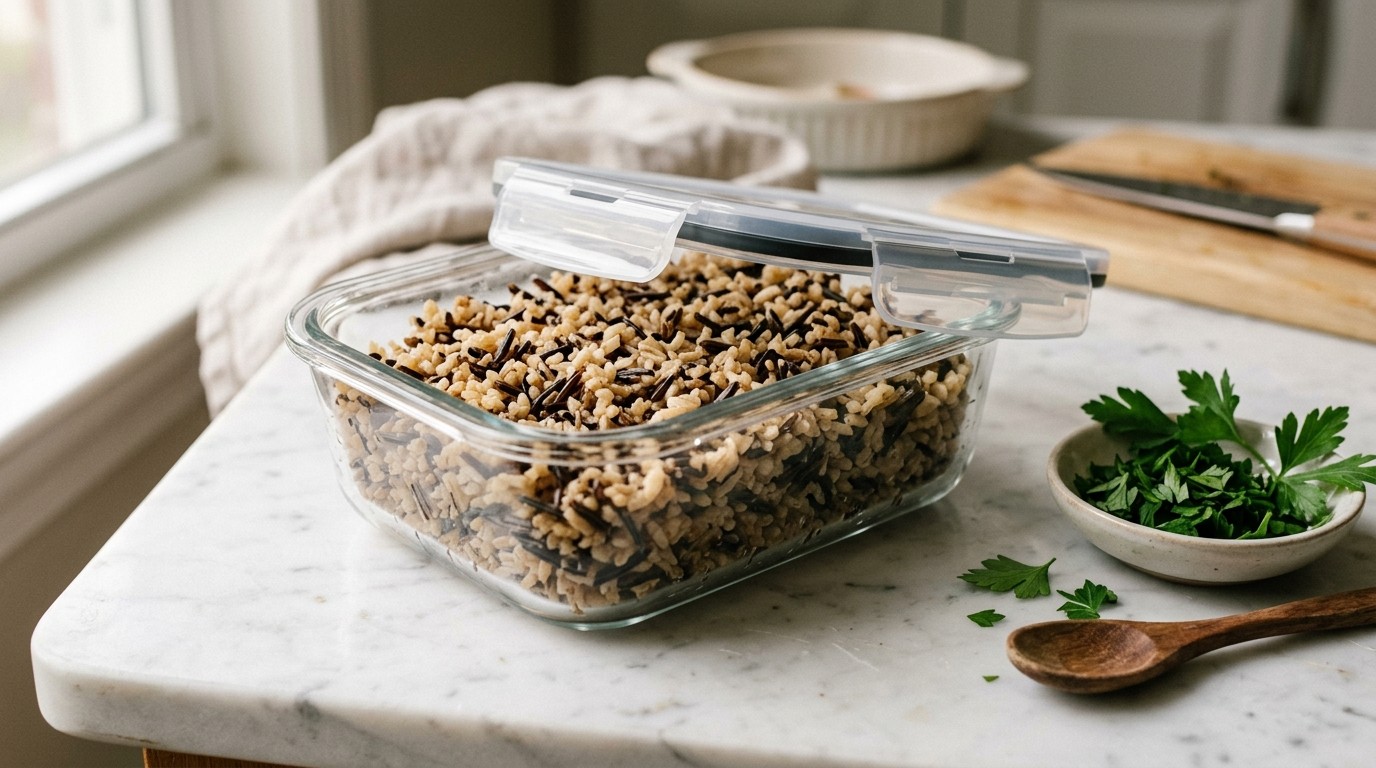 Bát cơm gạo lứt và salad rau củ thanh đạm mát lành trên bàn gỗ ấm áp