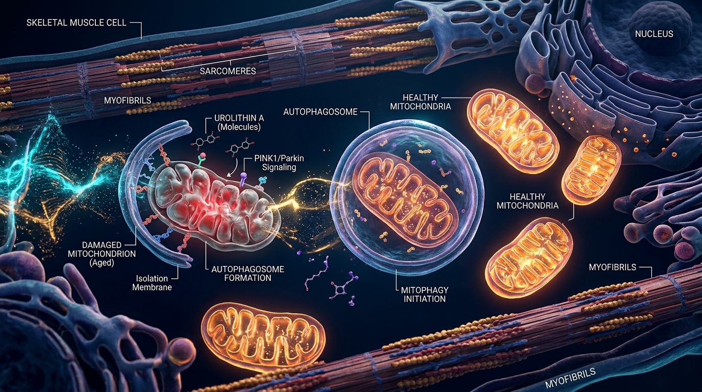 Biomedical molecular illustration for Urolithin A from Pomegranate: Deciphering the NAD+ Independent Mitophagy Pathway for Muscle Recovery and Mitochondrial Longevity