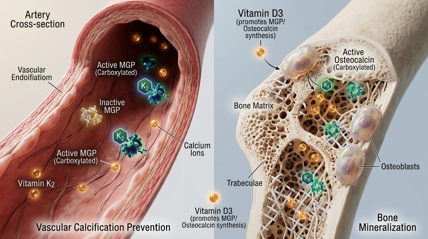 Đồ họa phân tử y sinh Nghịch lý Canxi và trục tương tác Vitamin D3 - K2 MK-7: Giải mã cơ chế kích hoạt Osteocalcin và Matrix Gla Protein ngăn ngừa vôi hóa động mạch