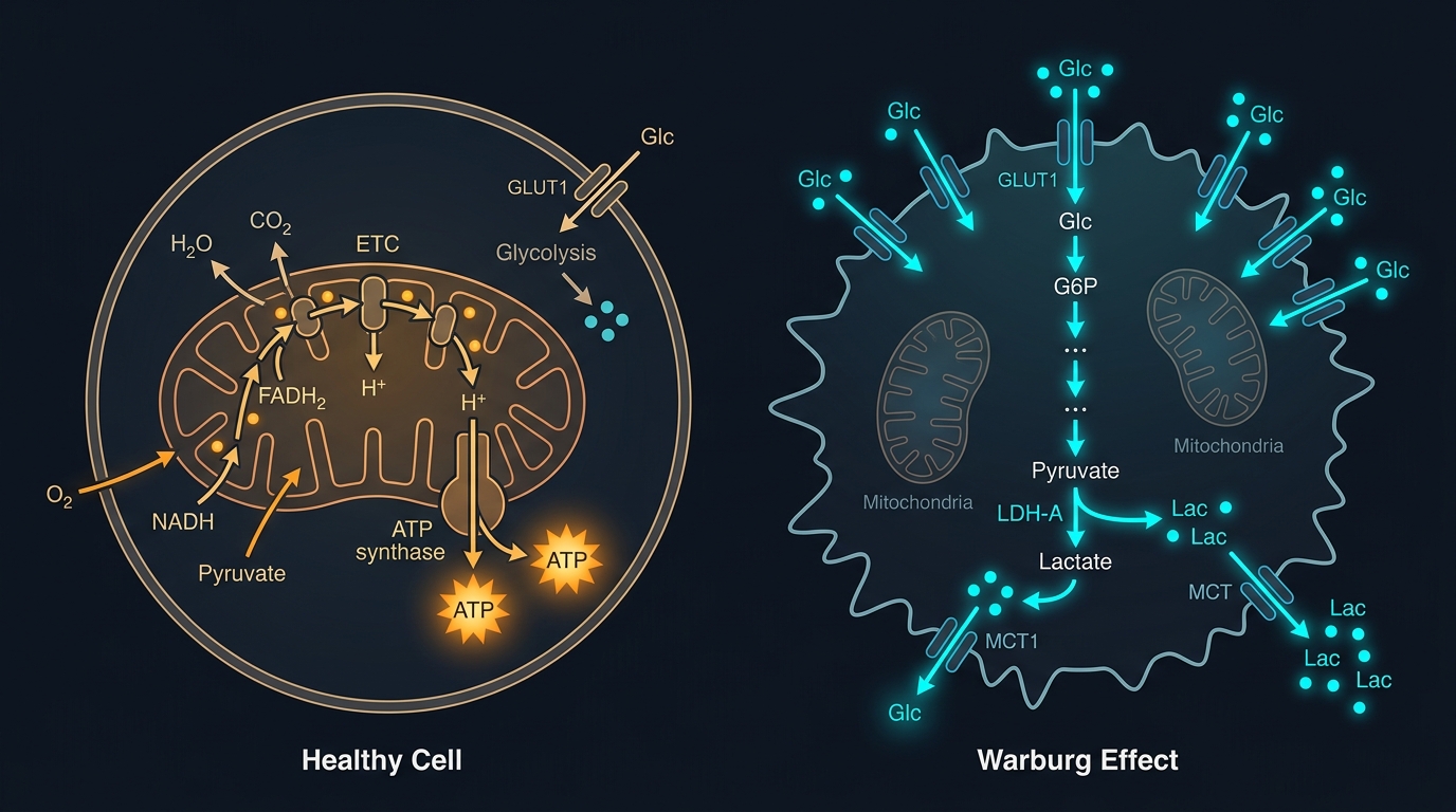Đồ họa so sánh hô hấp tế bào bình thường qua ty thể và quá trình lên men glycolysis hiếu khí ở tế bào ung thư