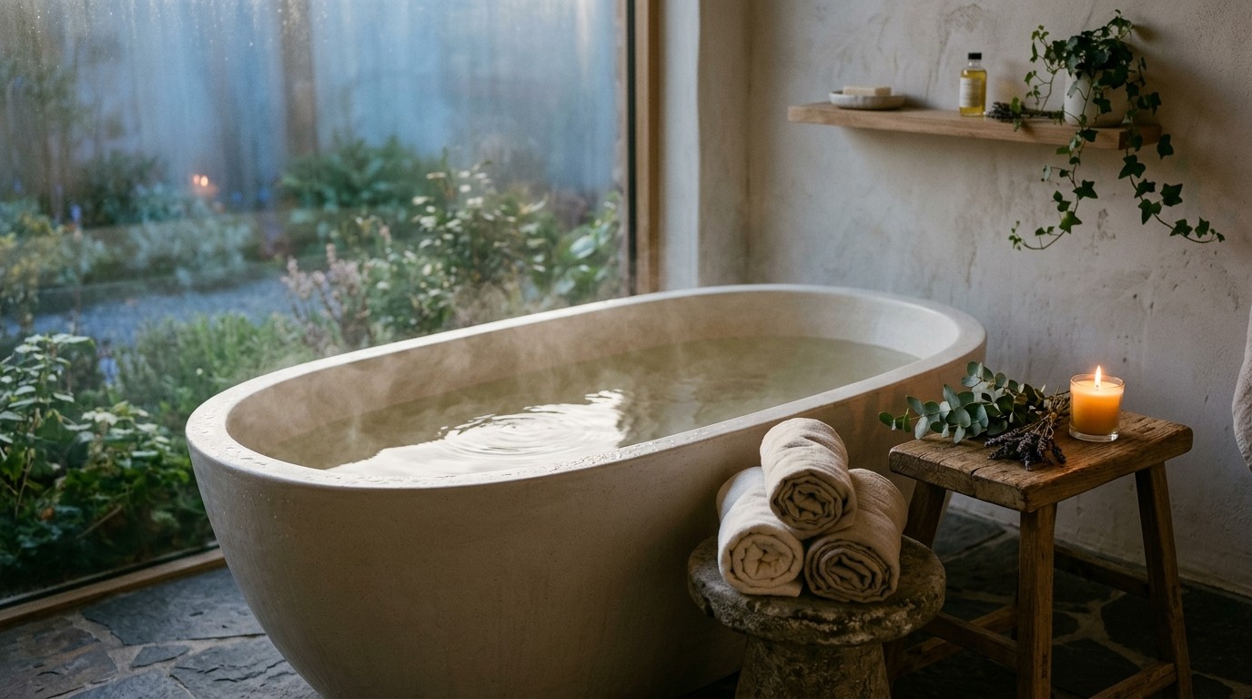 A warm tranquil bath with natural steam, gentle candlelight and clean towels in a minimalist bathroom