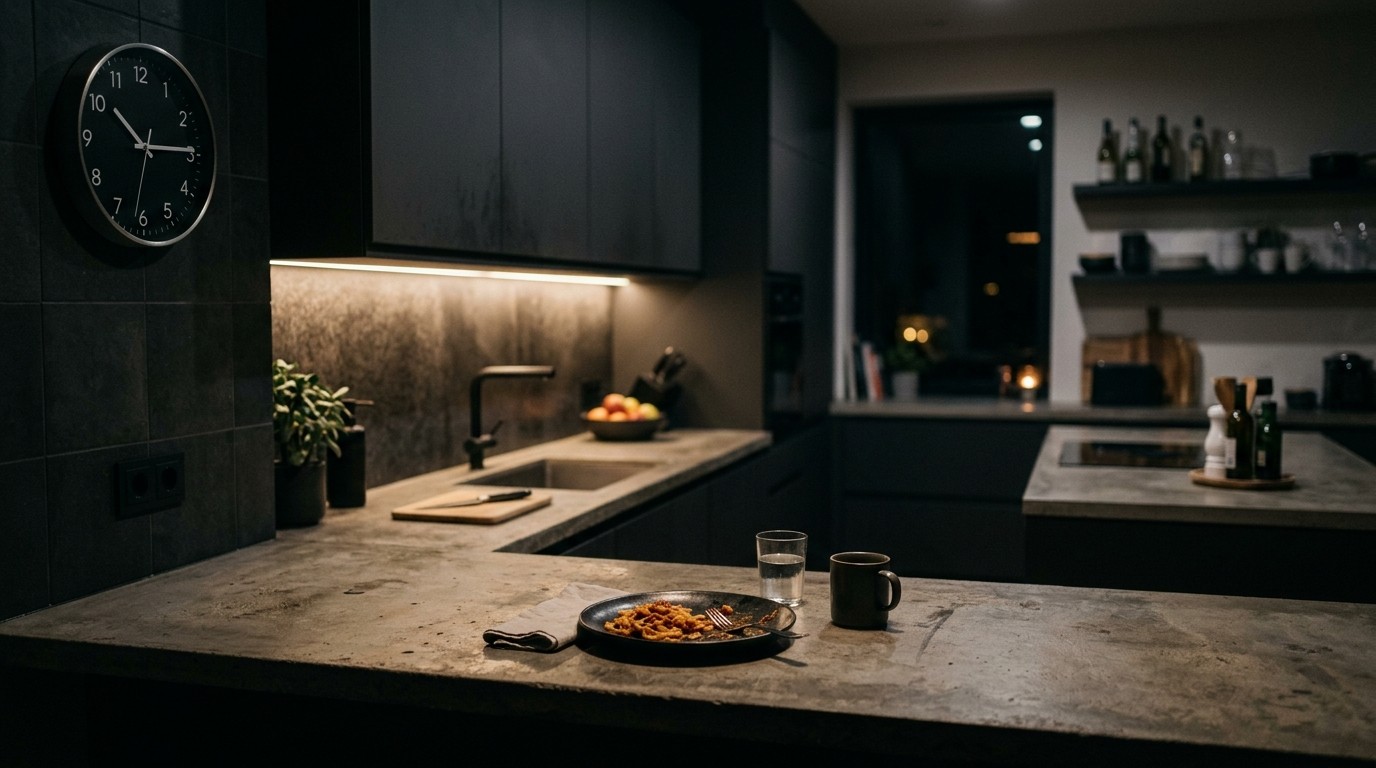Peaceful healthy evening dinner by a window at twilight, warm ambient light