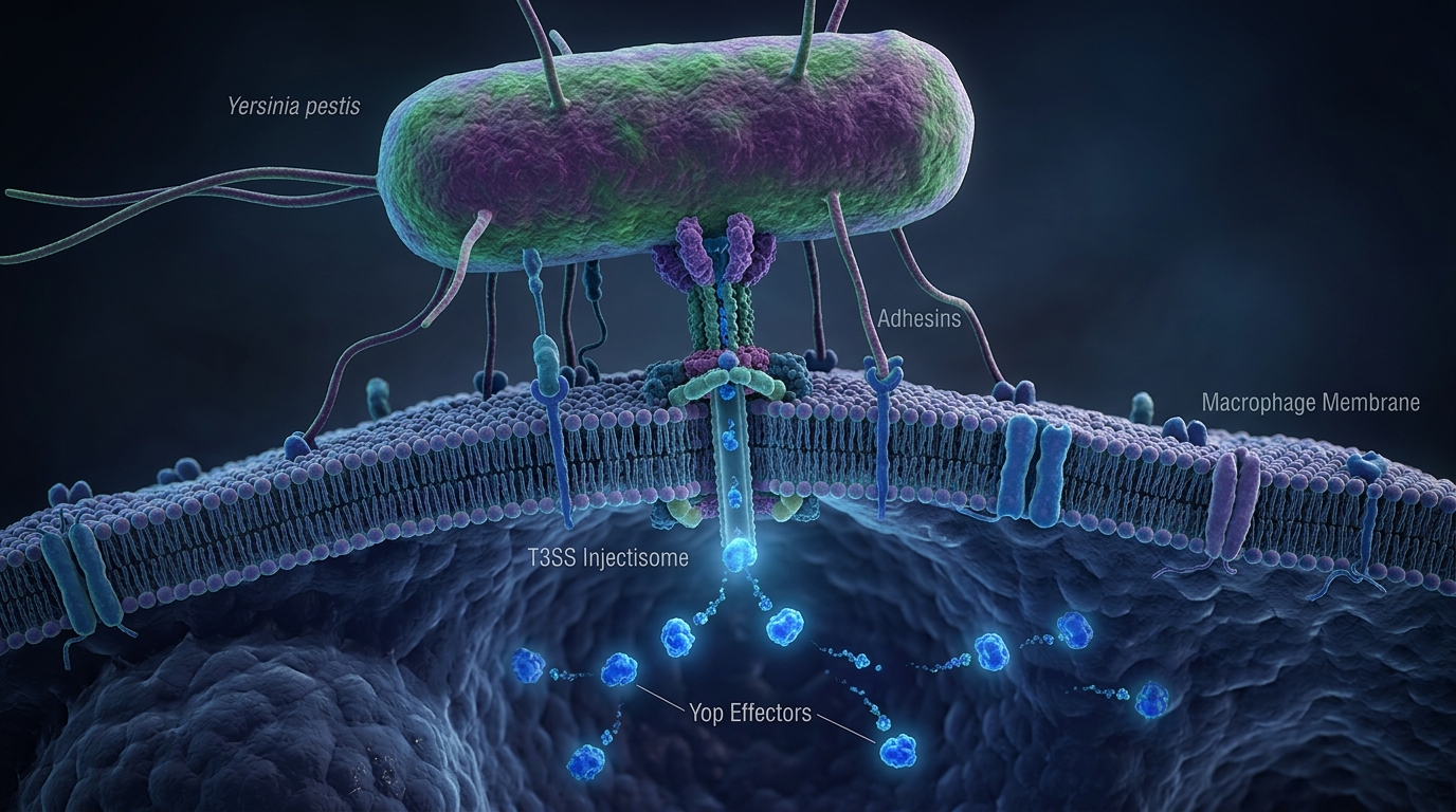 Đồ họa phân tử vi khuẩn Yersinia pestis và hệ thống bài tiết Type III Secretion System T3SS